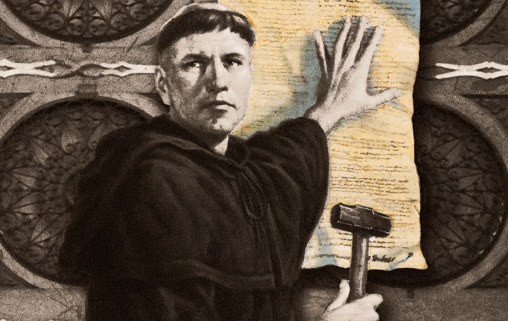 Martinho Lutero afixa suas 95 teses na porta da igreja do castelo de Wittenberg na Alemanha