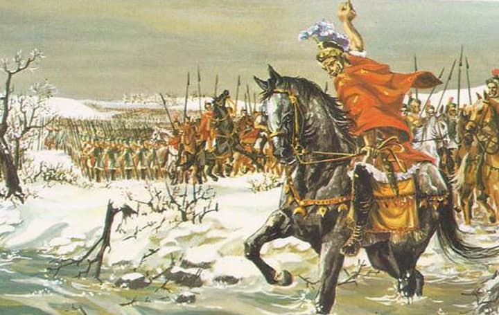 Travessia do Rio Rubicão por Júlio César e o exército romano.